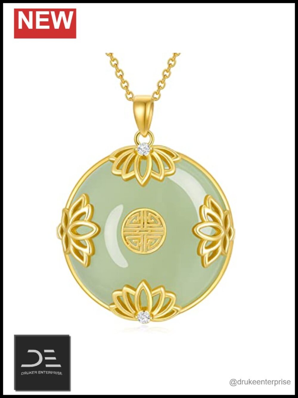 Jade Lotus Pendant Necklace 14k Gold Plated Sterling Silver
